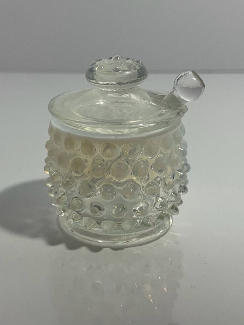 Fenton Opalescent Hobnail Mustard Jar Set 3pc Lid Spoon